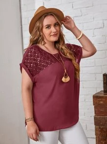 EMERY ROSE Plus Guipure Lace Yoke Cuffed Sleeve Top - Maroon - View 4