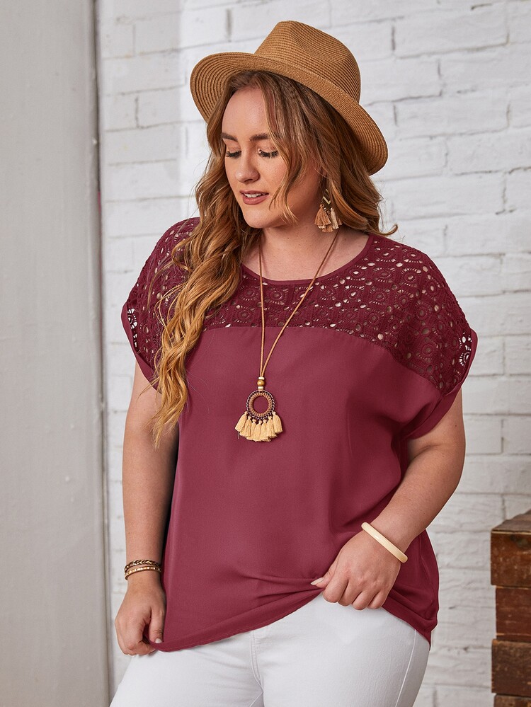 EMERY ROSE Plus Guipure Lace Yoke Cuffed Sleeve Top - Maroon - View 5