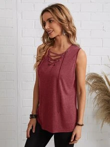 EMERY ROSE Áo hai dây Ren lên màu trơn Giải trí - Gỗ đỏ - Xem 3