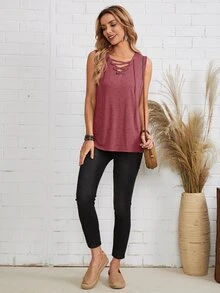 EMERY ROSE Áo hai dây Ren lên màu trơn Giải trí - Gỗ đỏ - Xem 4