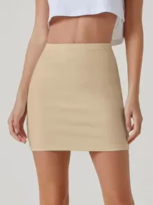 SHEIN BASICS Falda Mini Bodycon Sólida - Caqui - Ver 1