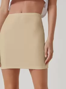 SHEIN BASICS Falda Mini Bodycon Sólida - Caqui - Ver 5