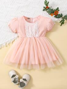 Baby Lace Panel Mesh Overlay Puff Sleeve Dress - Baby Pink - View 1