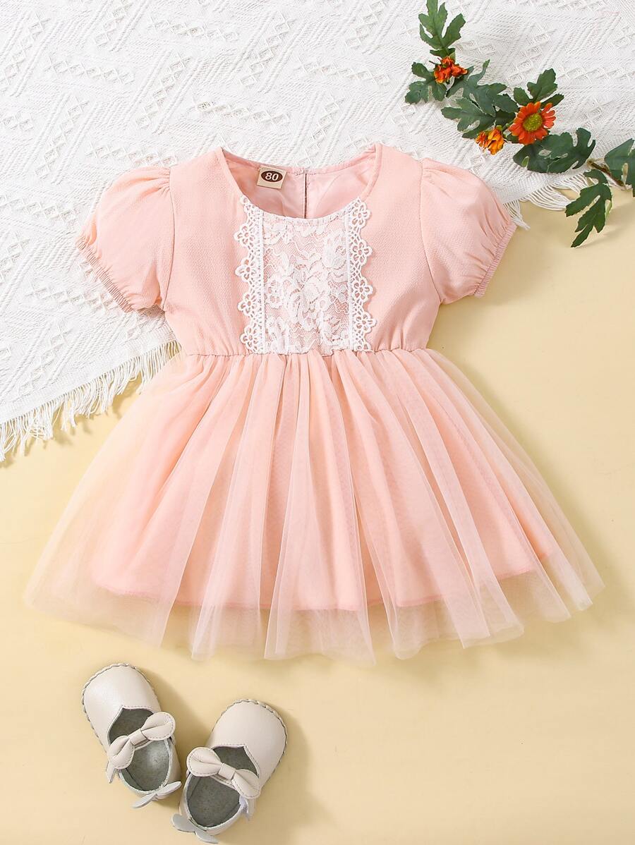 Baby Lace Panel Mesh Overlay Puff Sleeve Dress - Baby Pink - View 1