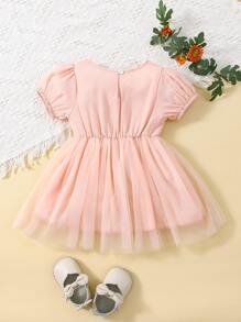 Baby Lace Panel Mesh Overlay Puff Sleeve Dress - Baby Pink - View 2