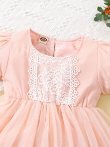 Baby Lace Panel Mesh Overlay Puff Sleeve Dress - Baby Pink - View 3
