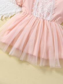 Baby Lace Panel Mesh Overlay Puff Sleeve Dress - Baby Pink - View 4