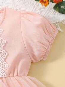 Baby Lace Panel Mesh Overlay Puff Sleeve Dress - Baby Pink - View 5