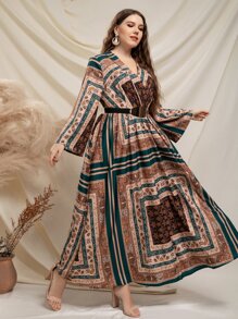 Modelyn Plus Random Paisley Scarf Print Trumpet Sleeve Belted Dress - Multicolor - View 1