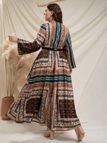 Modelyn Plus Random Paisley Scarf Print Trumpet Sleeve Belted Dress - Multicolor - View 2