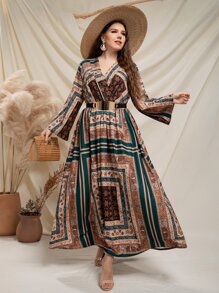 Modelyn Plus Random Paisley Scarf Print Trumpet Sleeve Belted Dress - Multicolor - View 3