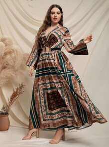 Modelyn Plus Random Paisley Scarf Print Trumpet Sleeve Belted Dress - Multicolor - View 4