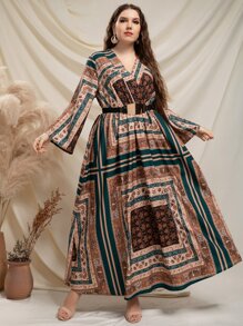 Modelyn Plus Random Paisley Scarf Print Trumpet Sleeve Belted Dress - Multicolor - View 5