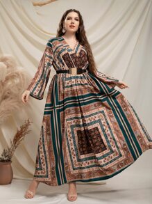 Modelyn Plus Random Paisley Scarf Print Trumpet Sleeve Belted Dress - Multicolor - View 6