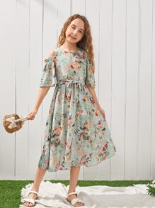 SHEIN 女孩花卉圖案挖肩繫腰帶連衣裙 - 彩色 - 查看 2