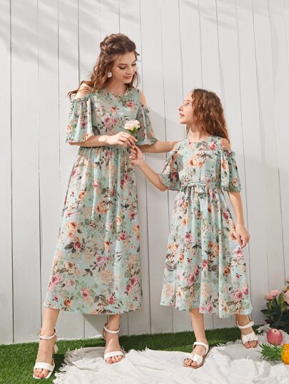 SHEIN Tween Girl Floral Cold Shoulder Belted Dress