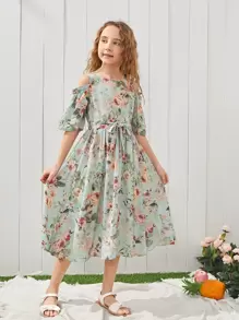 SHEIN 女孩花卉圖案挖肩繫腰帶連衣裙 - 彩色 - 查看 6