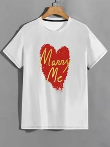 愛心和標語圖案T恤 - 白色 - 查看 1