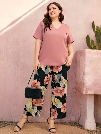 SHEIN LUNE 大碼素色上衣和印花闊腿褲