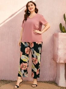 SHEIN LUNE 大碼素色上衣和印花闊腿褲 - 彩色 - 查看 5