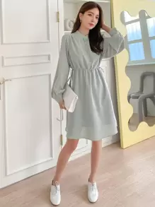 DAZY Bishop Sleeve Drawstring Waist Shirt Dress,Fall Women Clothes - Mint Green - View 1