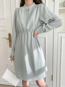 DAZY Bishop Sleeve Drawstring Waist Shirt Dress,Fall Women Clothes - Mint Green - View 3