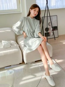 DAZY Bishop Sleeve Drawstring Waist Shirt Dress,Fall Women Clothes - Mint Green - View 5