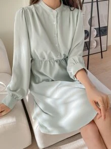 DAZY Bishop Sleeve Drawstring Waist Shirt Dress,Fall Women Clothes - Mint Green - View 6