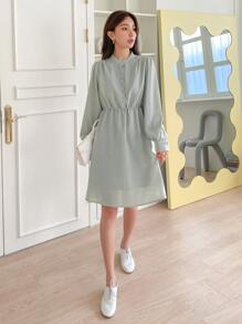 DAZY Bishop Sleeve Drawstring Waist Shirt Dress,Fall Women Clothes - Mint Green - View 7