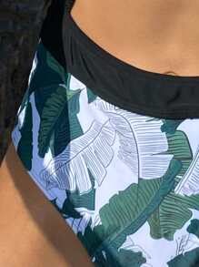 Leaf Random Print Sequin Cut-out One Piece Swimsuit - Multicolor - View 3