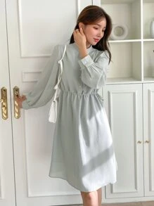 DAZY Bishop Sleeve Drawstring Waist Shirt Dress,Fall Women Clothes - Mint Green - View 8