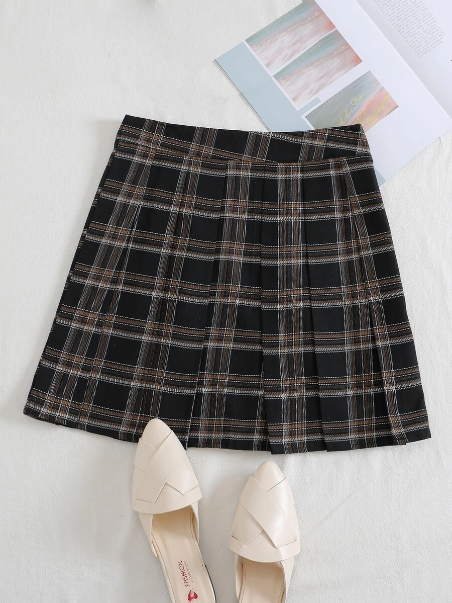 SHEIN Qutie Plaid Print Fold Pleated Skirt - Multicolor - View 1