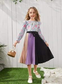 SHEIN Girls 1pc Colour Block Pleated Skirt - Multicolor - View 7