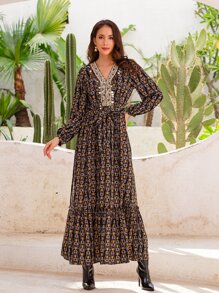 Allover Print Lantern Sleeve Sequin Detail Ruffle Hem Belted Dress - Multicolor - View 1