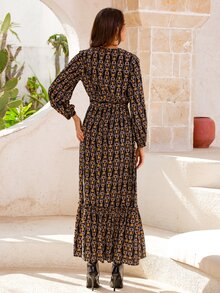 Allover Print Lantern Sleeve Sequin Detail Ruffle Hem Belted Dress - Multicolor - View 2