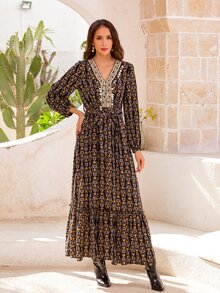 Allover Print Lantern Sleeve Sequin Detail Ruffle Hem Belted Dress - Multicolor - View 3