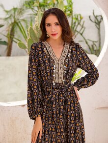 Allover Print Lantern Sleeve Sequin Detail Ruffle Hem Belted Dress - Multicolor - View 4