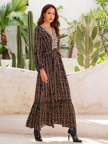 Allover Print Lantern Sleeve Sequin Detail Ruffle Hem Belted Dress - Multicolor - View 5