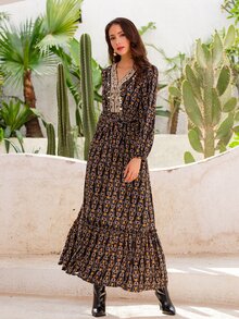 Allover Print Lantern Sleeve Sequin Detail Ruffle Hem Belted Dress - Multicolor - View 6