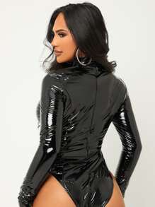 SHEIN Mock Neck PU Leather Bodysuit - Black - View 2