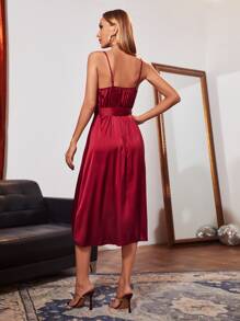 SHEIN Belle Burgundy Red Overlap Collar High Low Belted Satin Dress - Burgundy - View 2