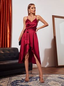 SHEIN Belle Burgundy Red Overlap Collar High Low Belted Satin Dress - Burgundy - View 4