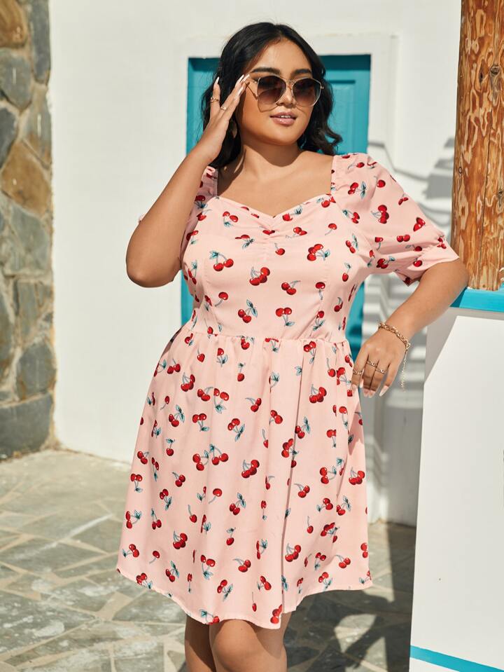 strawberry ruched dress RHODE | Dresses | Rhode Eloise Strawberry Ruched Balloon Sleeve Midi Dress  Tiered Pink And Orange