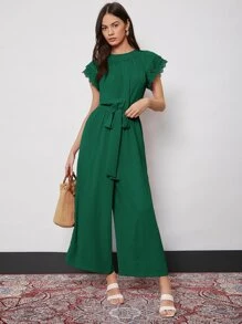 SHEIN 蝴蝶袖自腰帶寬管褲連身長褲 - 墨綠色 - 查看 1