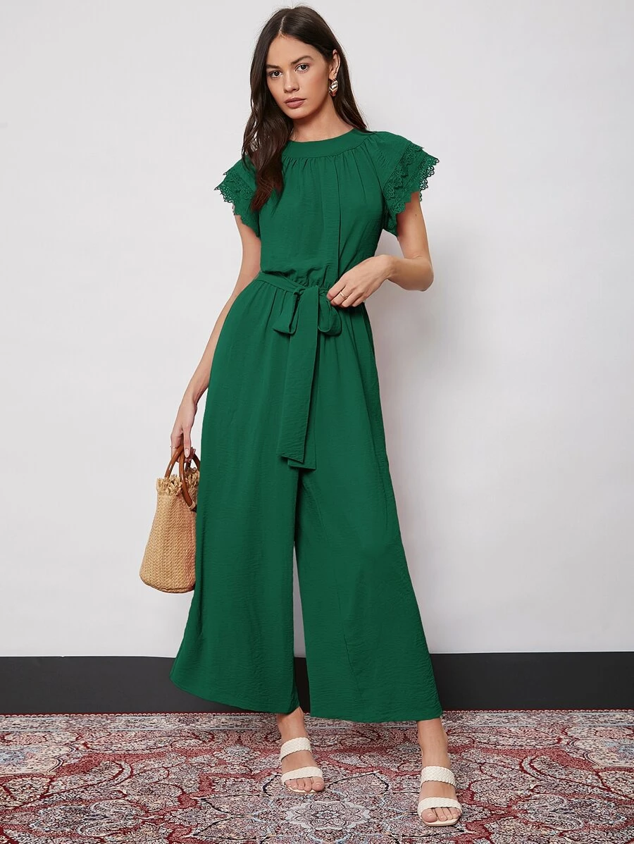 SHEIN 蝴蝶袖自腰帶寬管褲連身長褲 - 墨綠色 - 查看 1