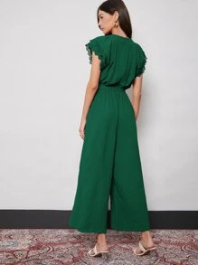 SHEIN 蝴蝶袖自腰帶寬管褲連身長褲 - 墨綠色 - 查看 2