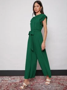 SHEIN 蝴蝶袖自腰帶寬管褲連身長褲 - 墨綠色 - 查看 3