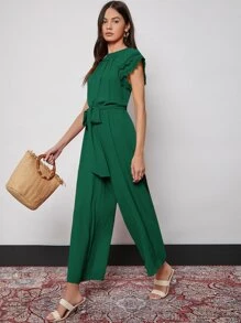 SHEIN 蝴蝶袖自腰帶寬管褲連身長褲 - 墨綠色 - 查看 4