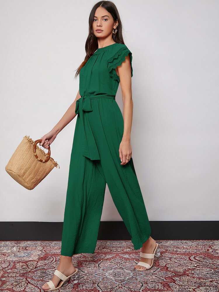 SHEIN Áo liền quần nữ Thắt lưng Tương phản ren màu trơn Thanh lịch - Màu xanh lá cây đậm - Xem 4