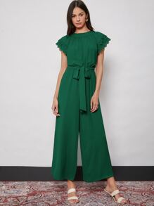 SHEIN 蝴蝶袖自腰帶寬管褲連身長褲 - 墨綠色 - 查看 5